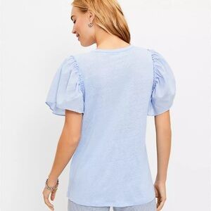 LOFT mixed media Sky Blue linen Puff flutter Sleeve Tee L